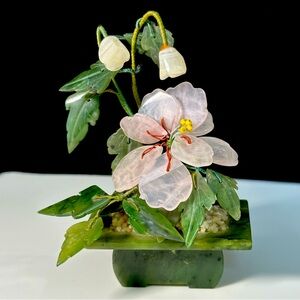 Vintage Asian Jade and Pink Miniature Bonsai Tree In Jade Base